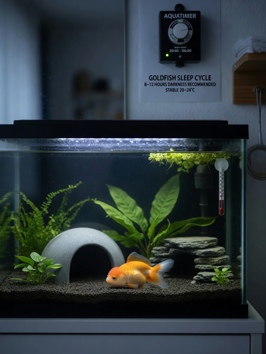 A goldfish aquarium with proper sleep environment setup including plants, caves for hiding, and automatic lighting timer for consistent light cycles
