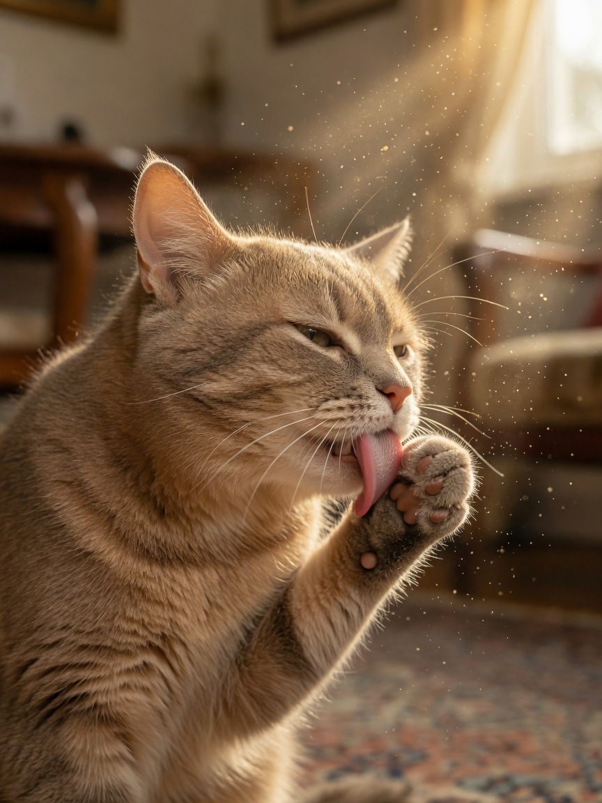 Close-up of a cat grooming itself with visible allergen particles suspended in natural window light
