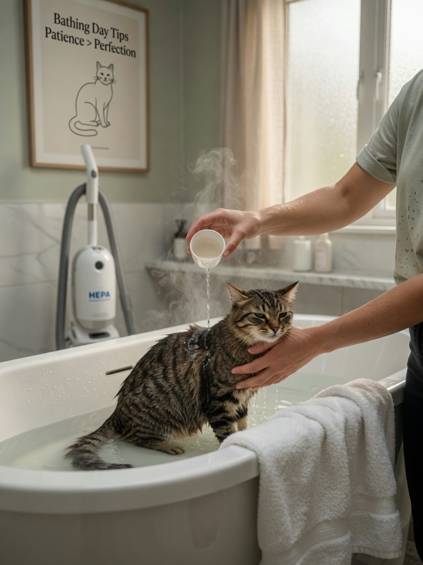 Person bathing a tabby cat in warm water with a towel and HEPA vacuum visible in the bathroom