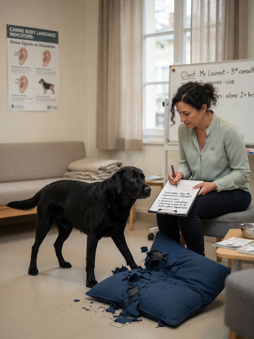 Animal behaviourist assessing anxious dog showing destructive behaviour near torn cushion, taking professional notes
