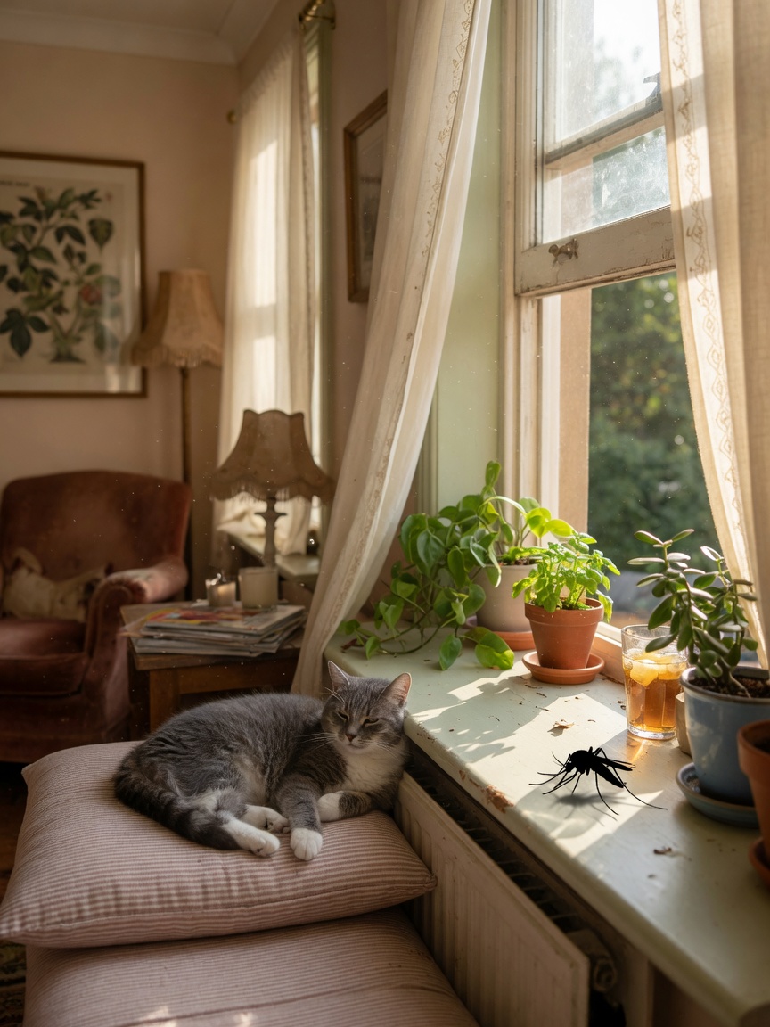 Indoor cat resting by an open window where a mosquito can be seen, illustrating how mosquitoes enter homes and expose indoor cats to heartworm