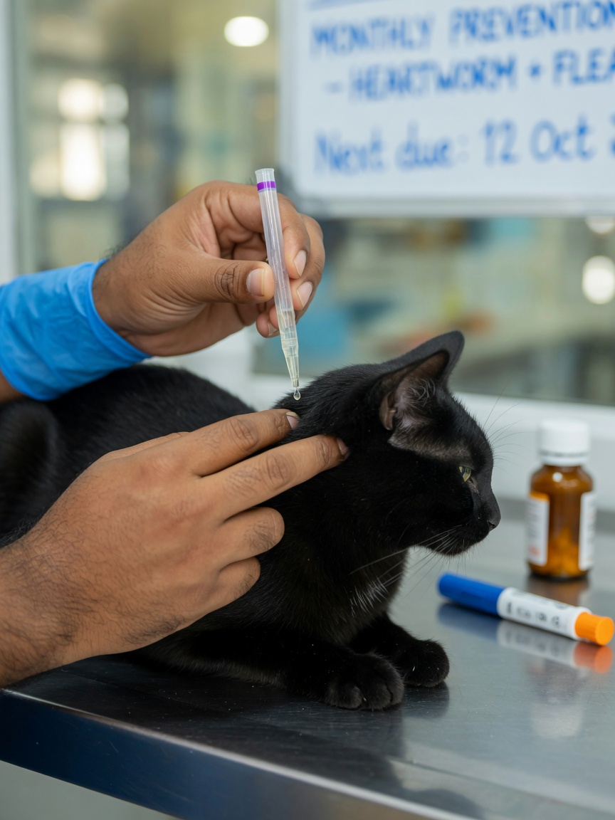 Veterinary technician applying topical heartworm prevention to a black cat's neck during a clinic visit, demonstrating monthly prevention application