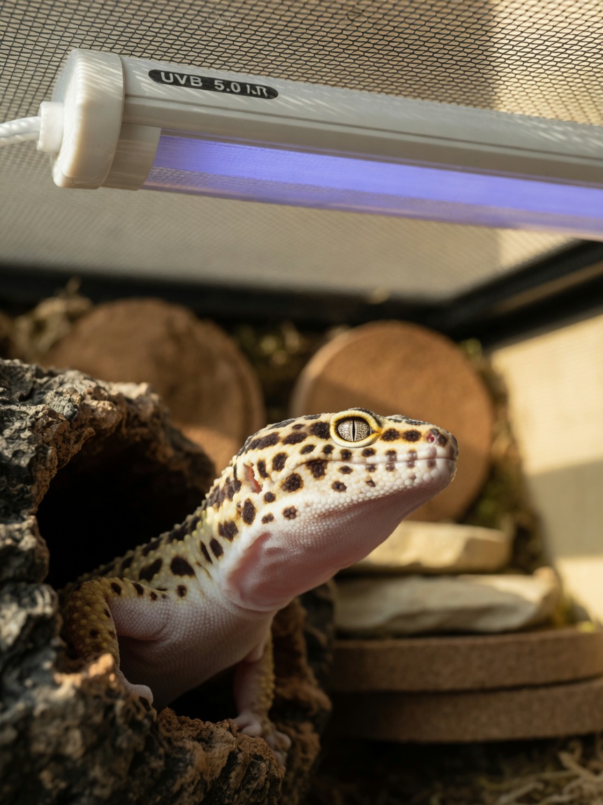Leopard gecko with pale spotted skin positioned safely below a low-output UVB T8 lighting fixture with accessible dark shelter nearby