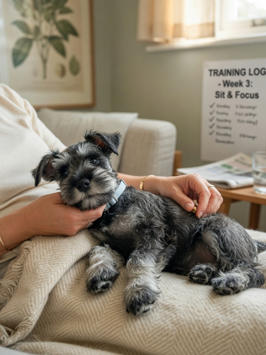 Young Miniature Schnauzer puppy being gently handled on owner's lap during positive reinforcement training moment