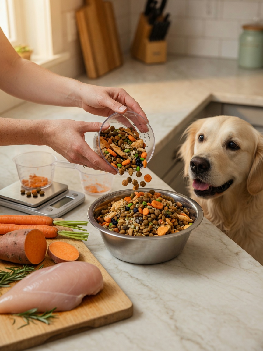 Fresh, whole-food dog nutrition being prepared with quality ingredients and careful portioning, with a healthy Golden Retriever watching attentively.