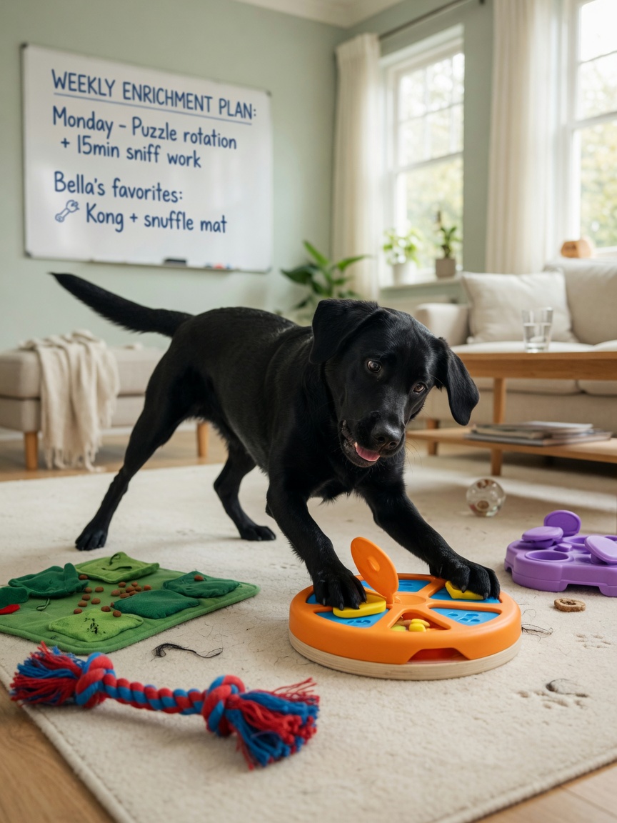 An energetic black Labrador Retriever engaging with puzzle toys and enrichment activities, embodying the transformative power of mental stimulation.