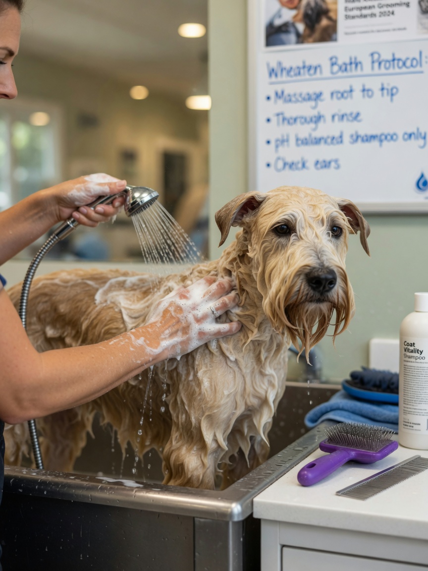 Professional groomer bathing a Wheaten Terrier in a grooming tub with high-quality shampoo and grooming tools nearby