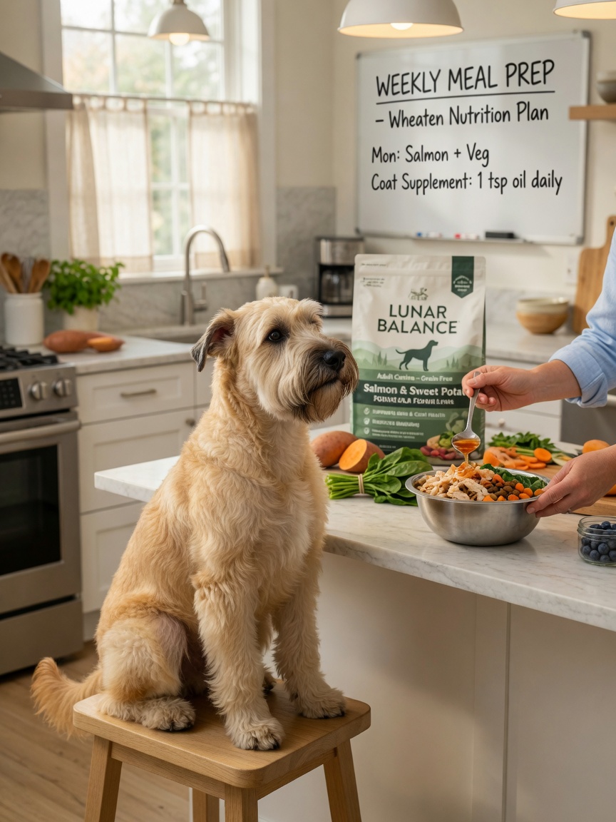 Wheaten Terrier seated in kitchen as owner serves high-quality dog food, emphasizing nutrition's role in coat health