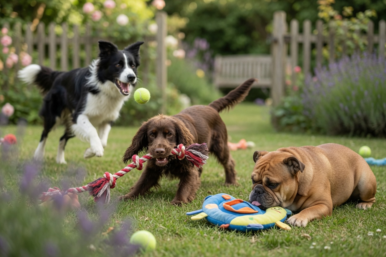 Three different dog breeds playing different activities suited to their individual energy levels in a fenced garden