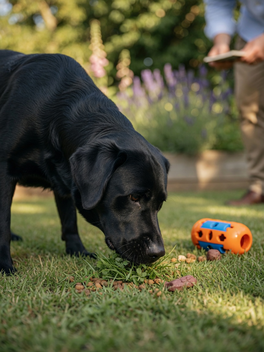 Black Labrador Retriever concentrating on a nose-work scent game in grass with puzzle toy nearby