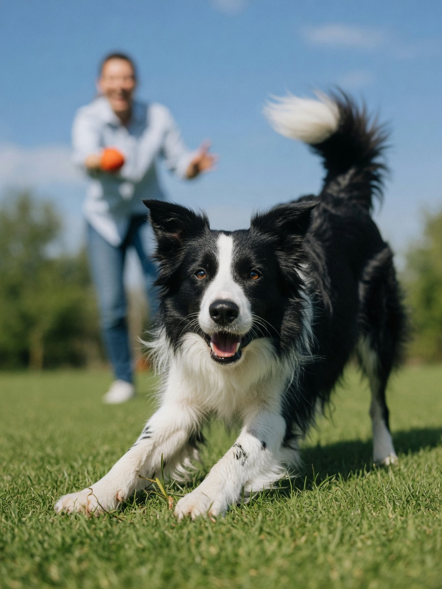 Border Collie performing a play bow with front legs extended and hindquarters raised, showing classic playful body language