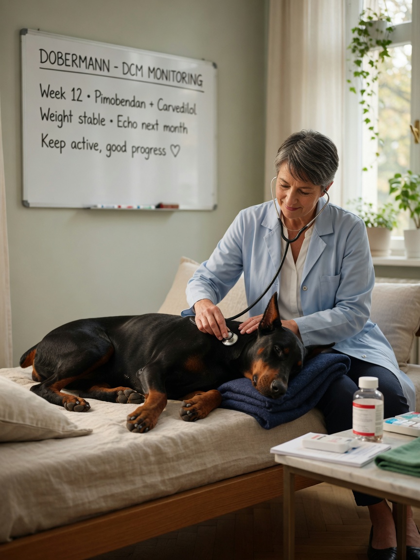 Veterinary cardiologist examining a resting black and red Dobermann during occult DCM treatment planning and management