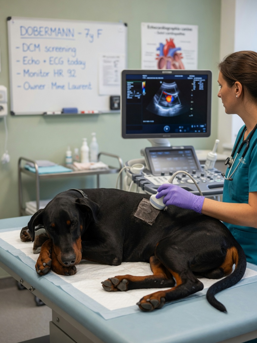 Veterinarian performing heart ultrasound on a black and rust Dobermann during cardiac screening