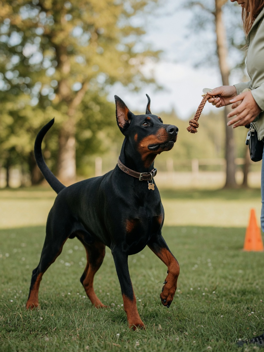 Black and rust Dobermann attentively engaged with owner during outdoor training session