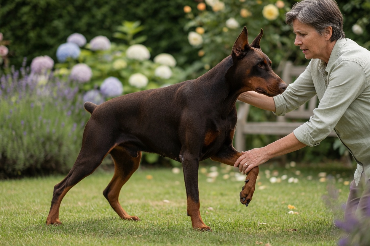 Dobermann Pinscher demonstrating wobbly gait characteristic of Wobbler Syndrome with owner support