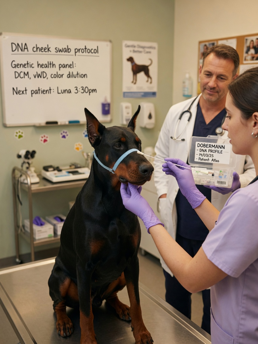 Dobermann Pinscher undergoing cheek swab DNA test for Von Willebrand Disease detection