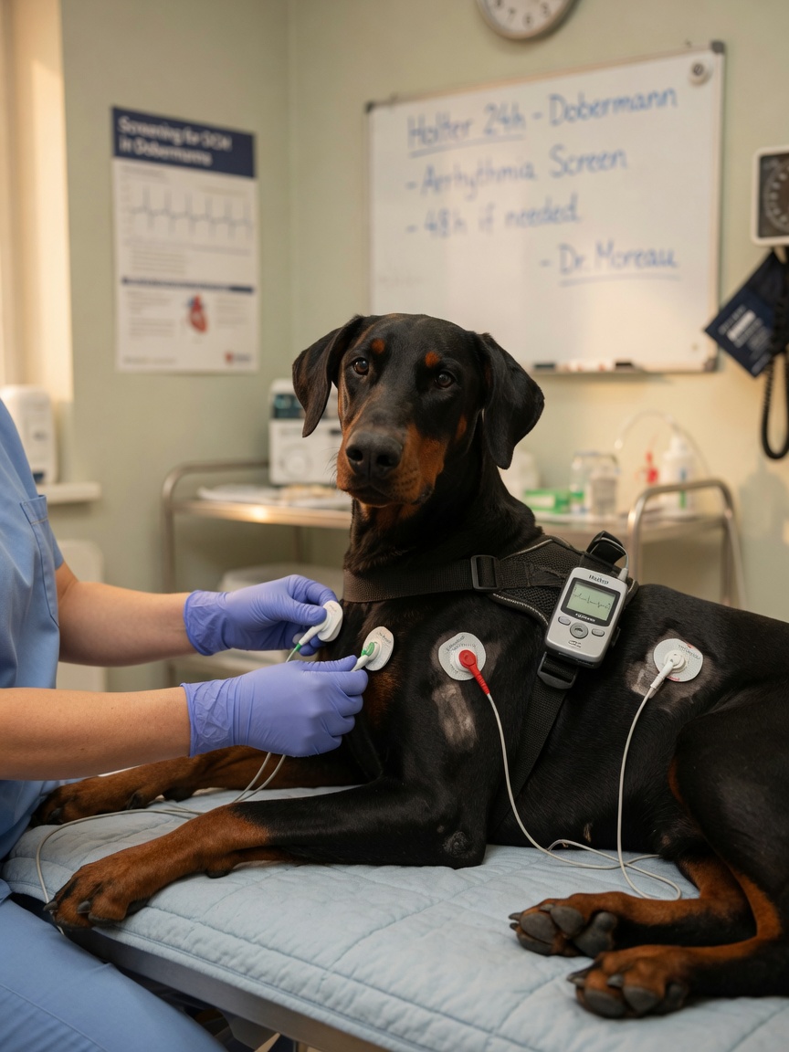 Dobermann Pinscher fitted with Holter monitor for cardiac screening