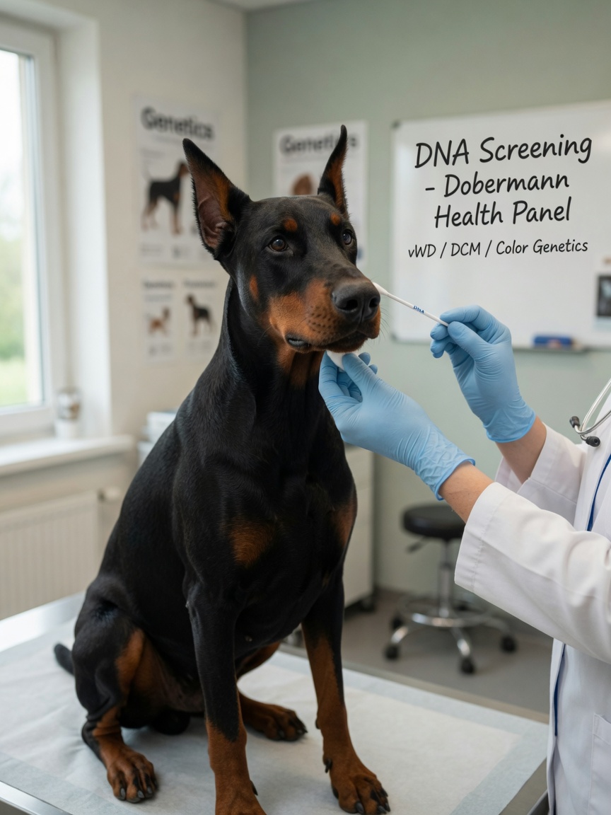 Veterinarian collecting DNA sample from Dobermann Pinscher via cheek swab for genetic testing
