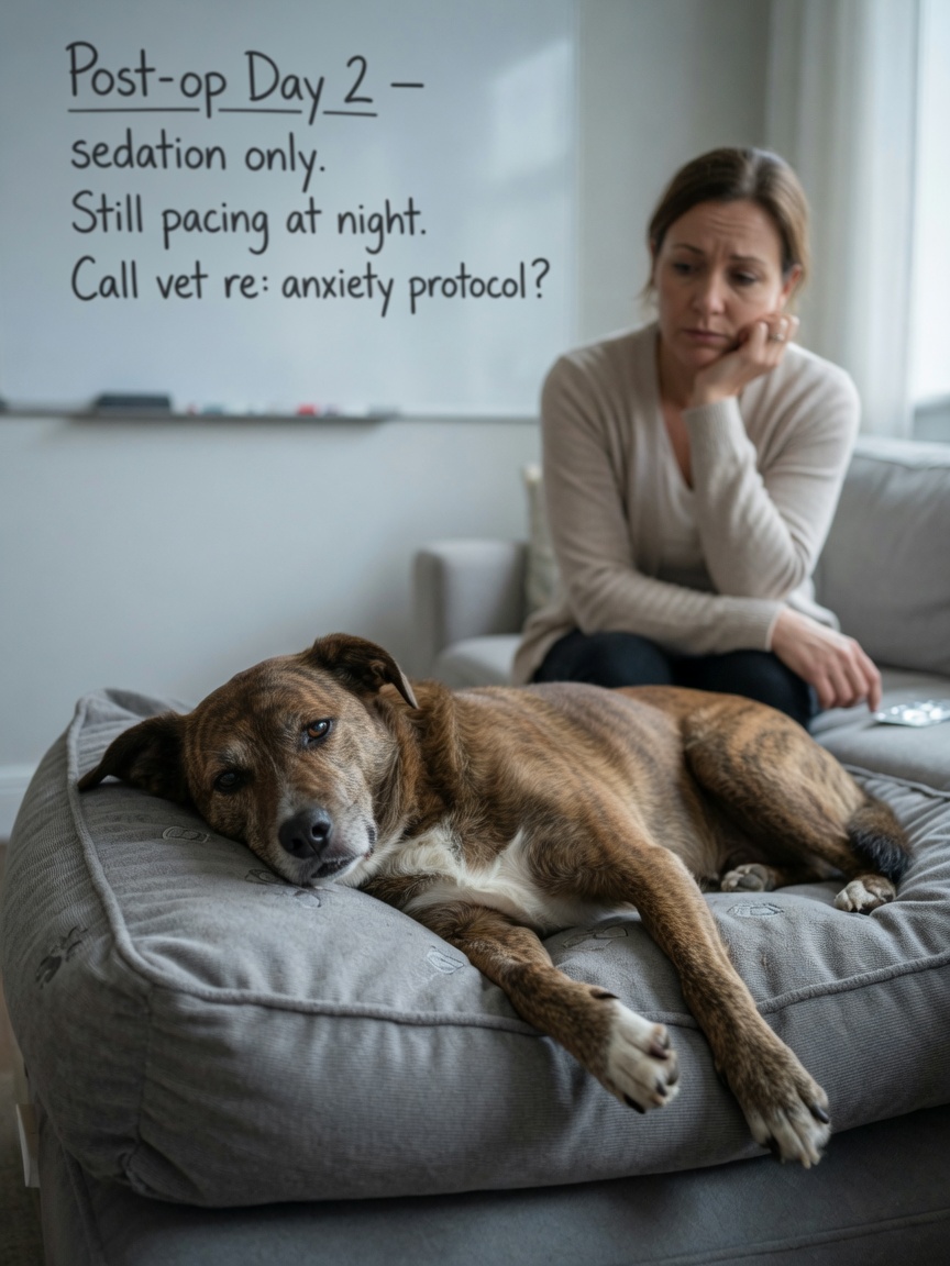 Schläfriger Hund auf dem Bett, der Sedierung statt echter Angstlinderung zeigt