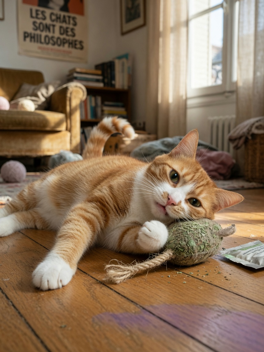 A ginger and white cat with dilated pupils purring and rubbing against catnip toy, showing playfulness and euphoria in warm afternoon sunlight