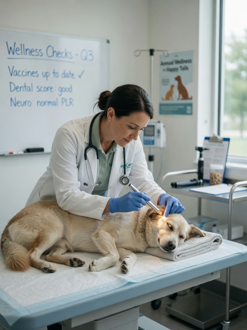 A veterinarian examining a calm, settled dog on an examination table with a penlight during a wellness assessment