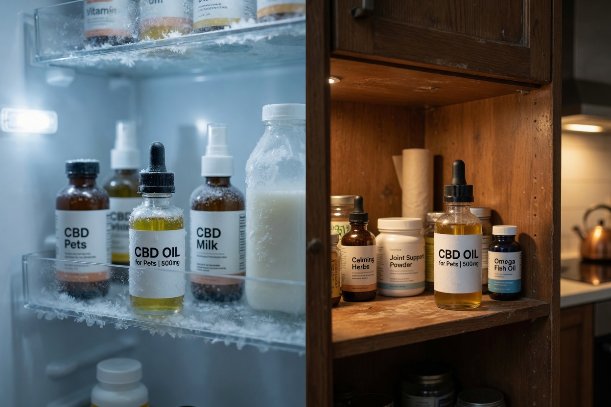 Split comparison showing CBD oil bottle in refrigerator on left, in dark cupboard on right