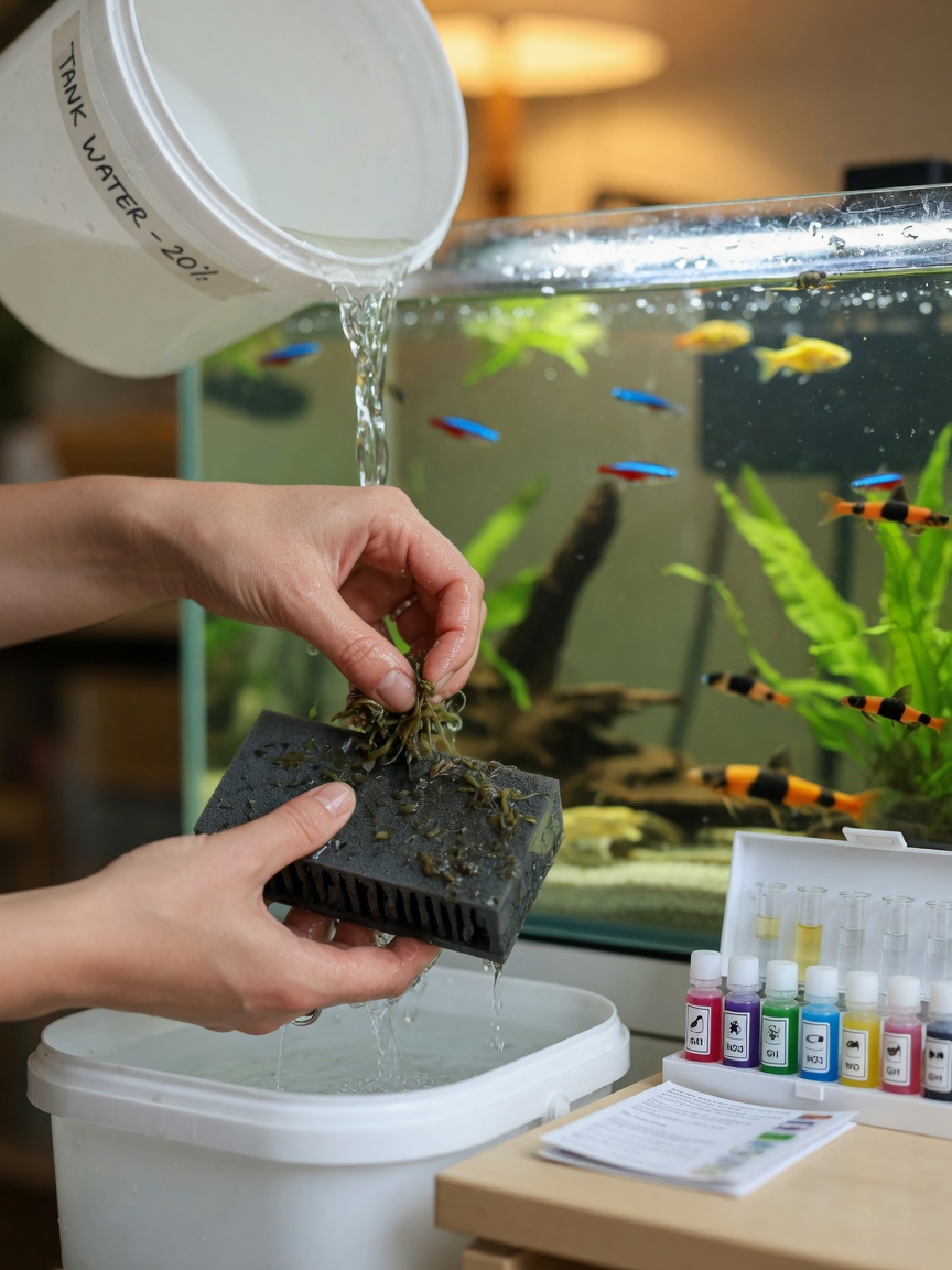Aquarium hobbyist gently cleaning filter media with tank water during routine maintenance