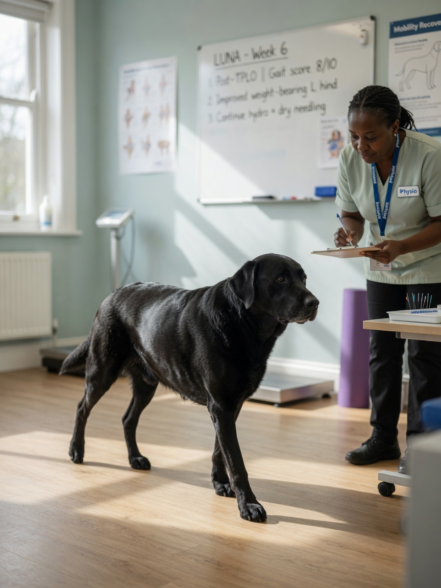 Black Labrador demonstrating improved gait and mobility during veterinary assessment