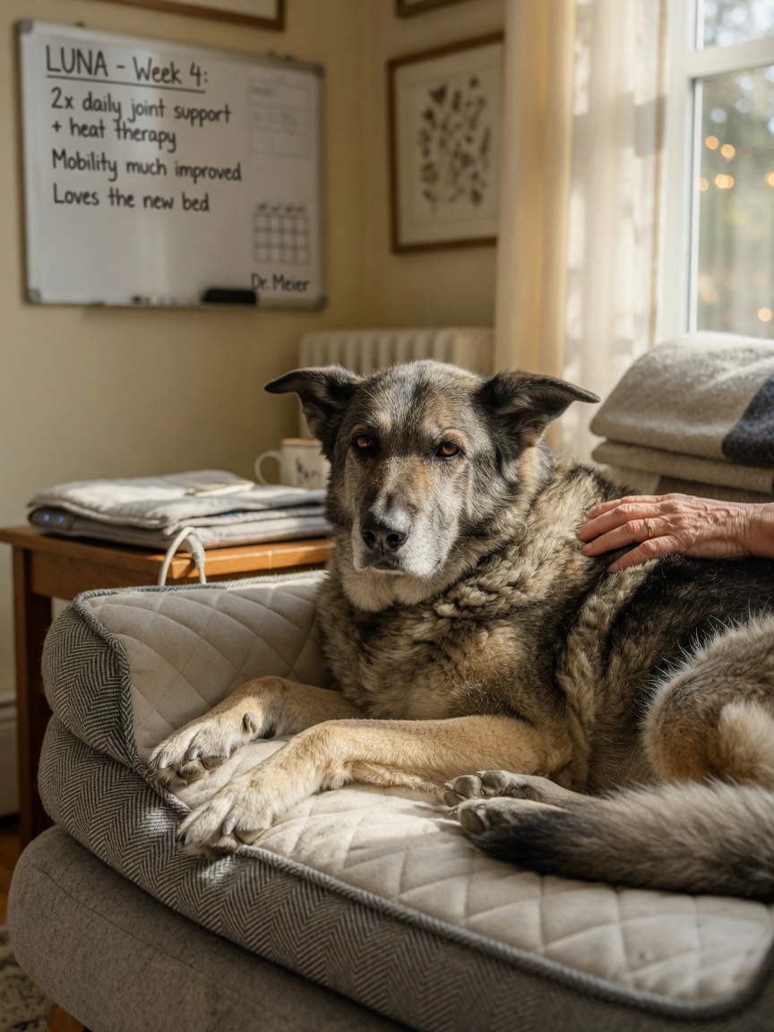 Elderly German Shepherd resting peacefully on an orthopedic bed with owner's supportive touch