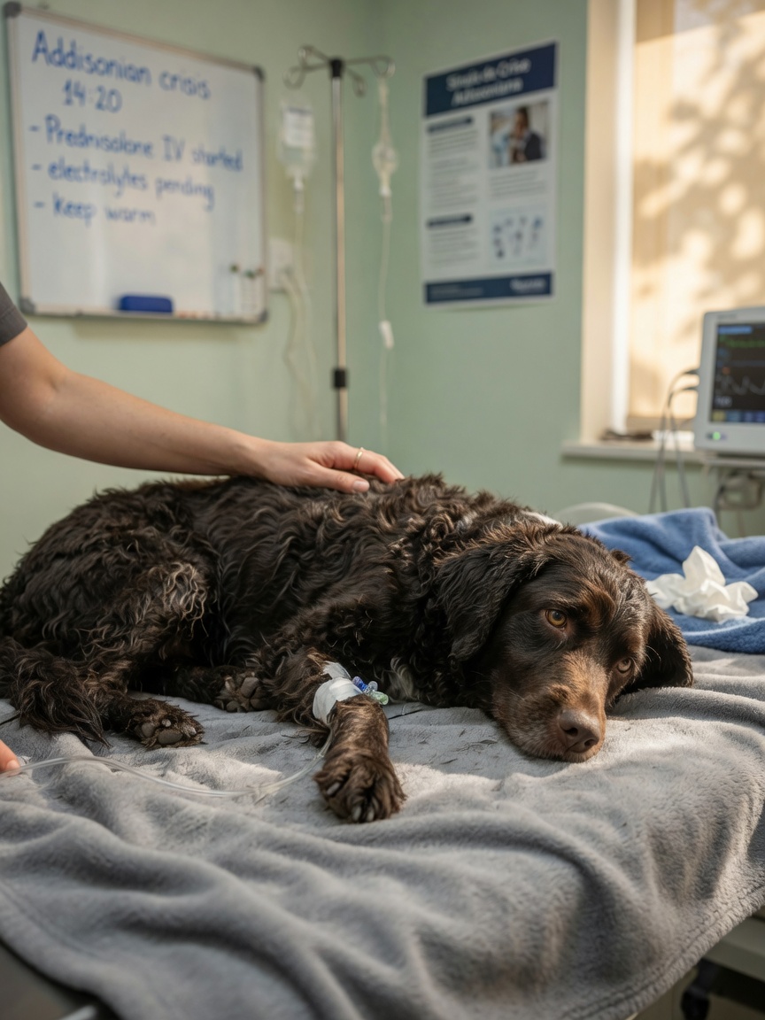 A Portuguese Water Dog in severe distress during an acute Addisonian crisis, lying weakly on a blanket with an owner's hand for comfort