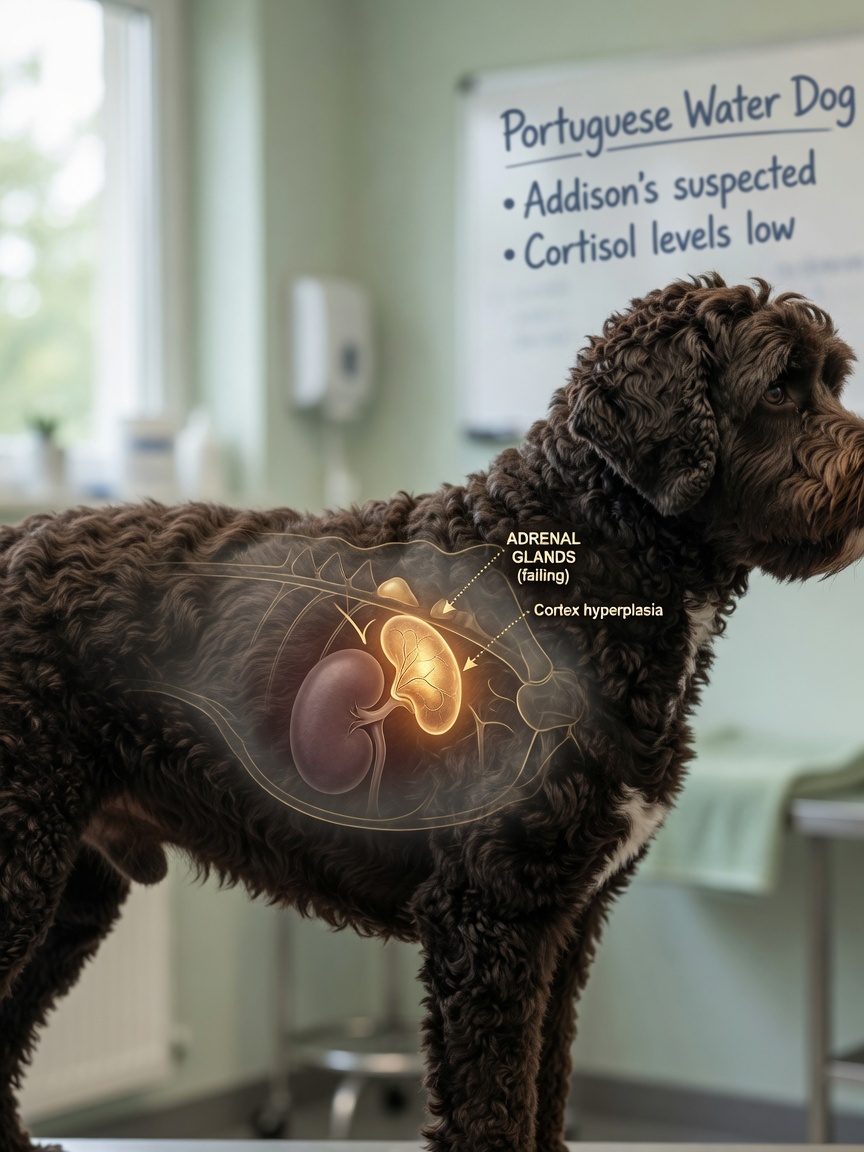 Illustration of adrenal gland location on a Portuguese Water Dog showing the organs affected by Addison's disease