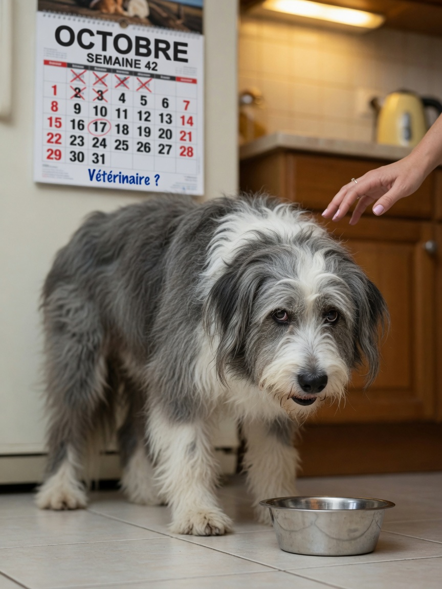 A Bearded Collie showing symptoms of Addison's disease with loss of appetite and lethargy in a home setting