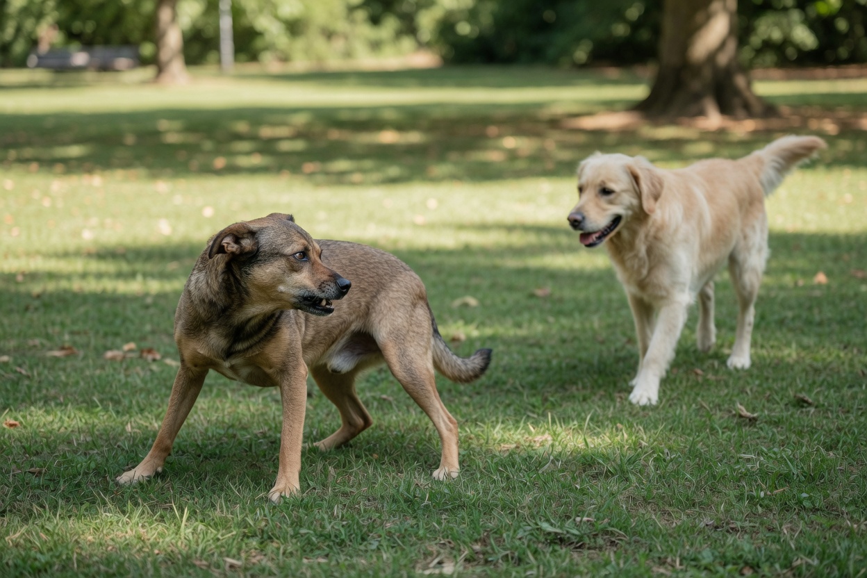 A fearful dog with ears back and body angled away, displaying a growl as another relaxed dog approaches in a grassy park setting