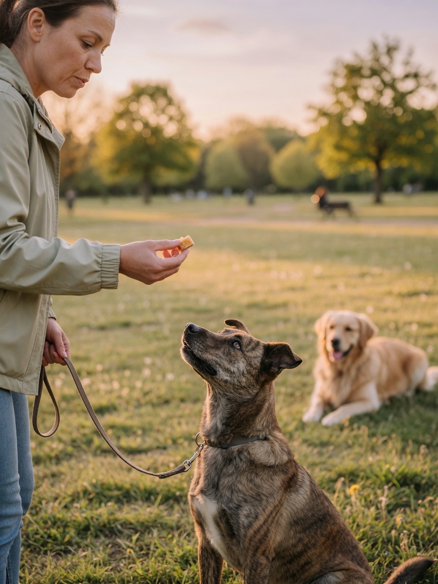 A handler rewarding a focused dog with a treat while another calm dog rests in the blurred background at distance, demonstrating counter-conditioning training
