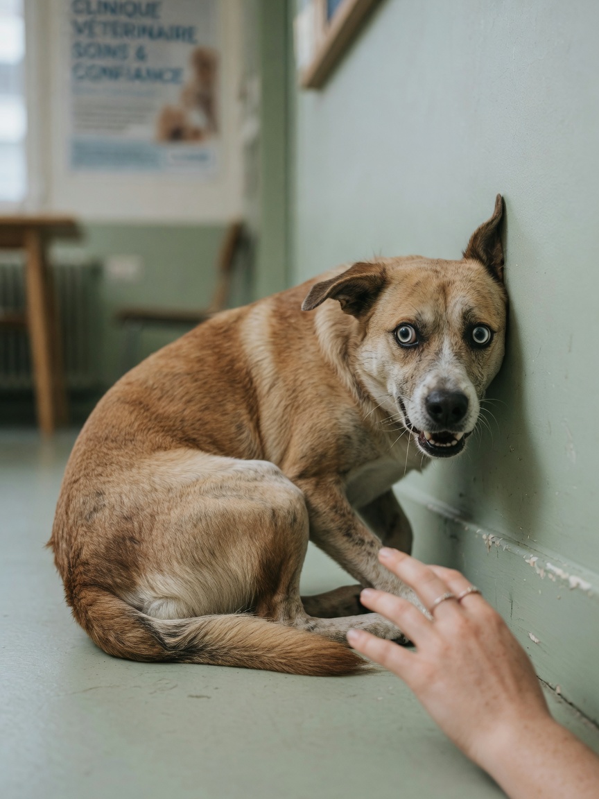 Frightened dog cornered with ears back and tail tucked, displaying fear-based defensive aggression
