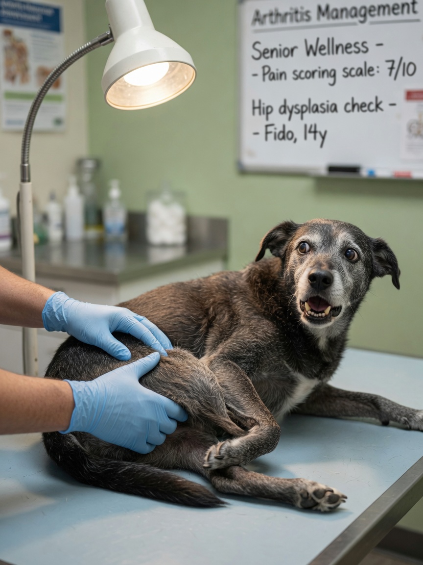 Senior dog snapping defensively during veterinary examination of painful joint area