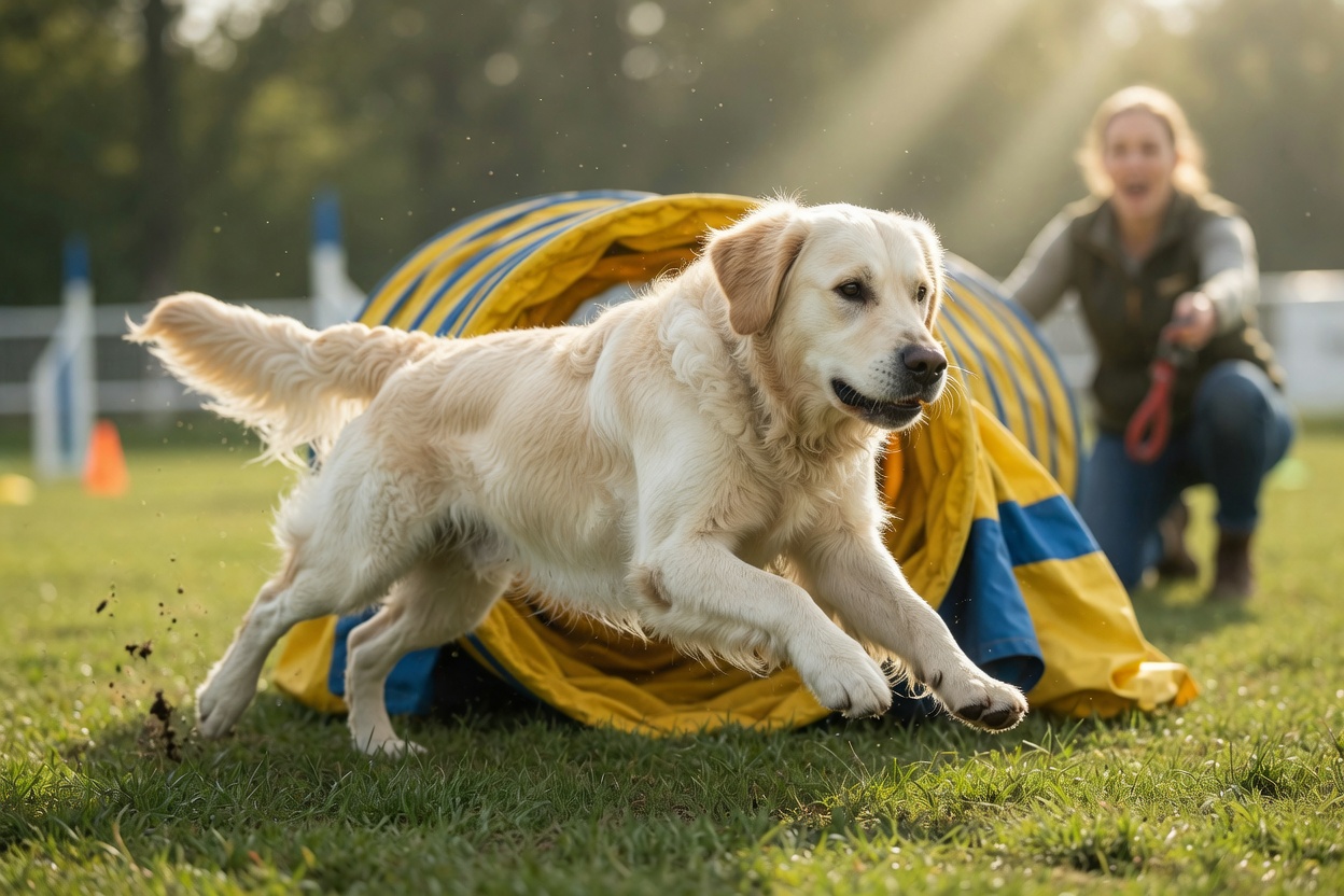 Golden retriever sprinting through collapsed fabric agility tunnel with handler waiting at exit