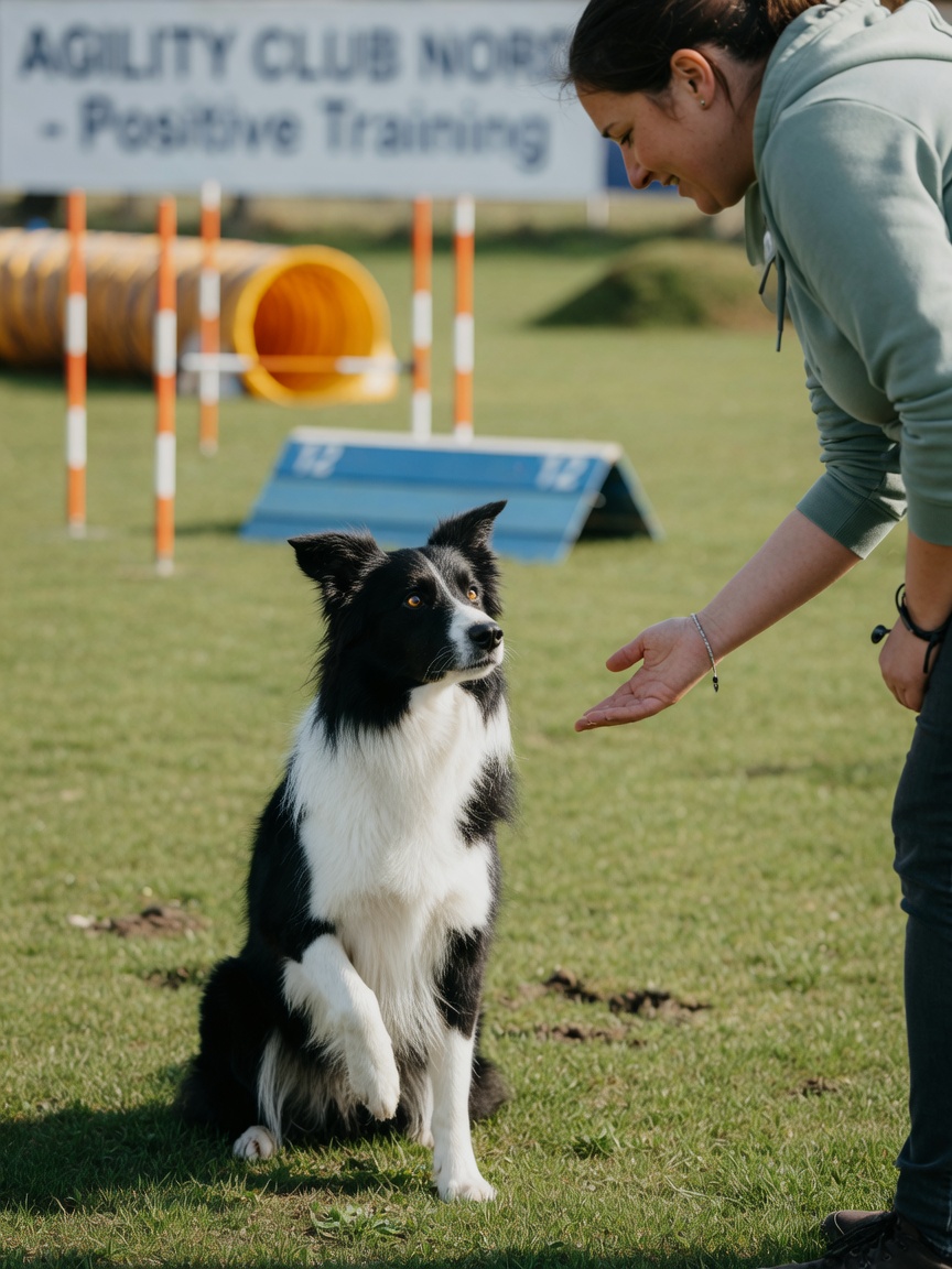 Border collie sitting attentively facing handler during obedience training session in outdoor agility field