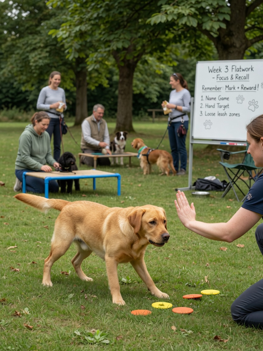Young Labrador Retriever focusing on handler's hand signal during beginner flatwork training at an outdoor agility club with other handlers visible in soft background
