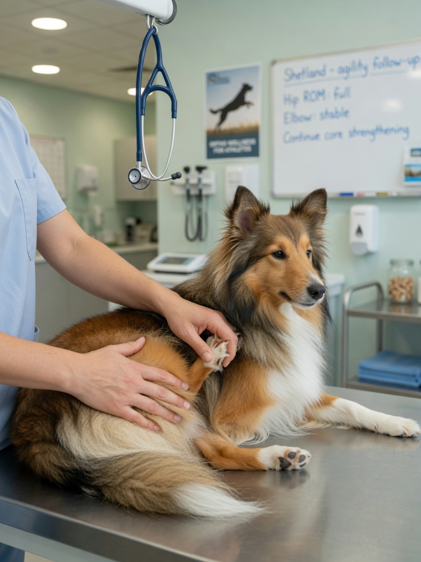 Veterinarian assessing hip and elbow joints of a calm Shetland Sheepdog on an examination table in a bright modern clinic