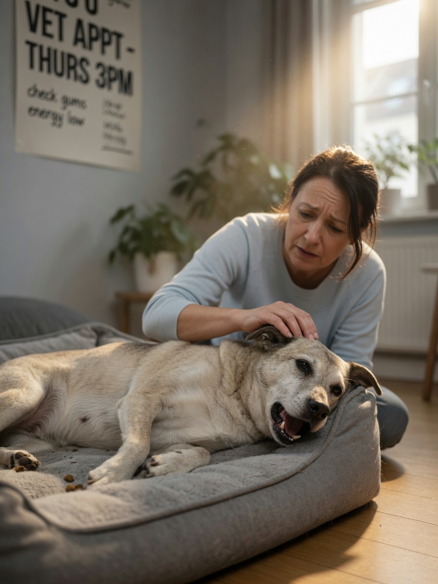 Weak and lethargic dog showing clinical signs of anaemia, resting on a bed with concerned owner nearby