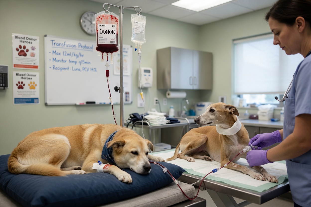 Blood transfusion procedure being administered to an anaemic dog in a veterinary clinic