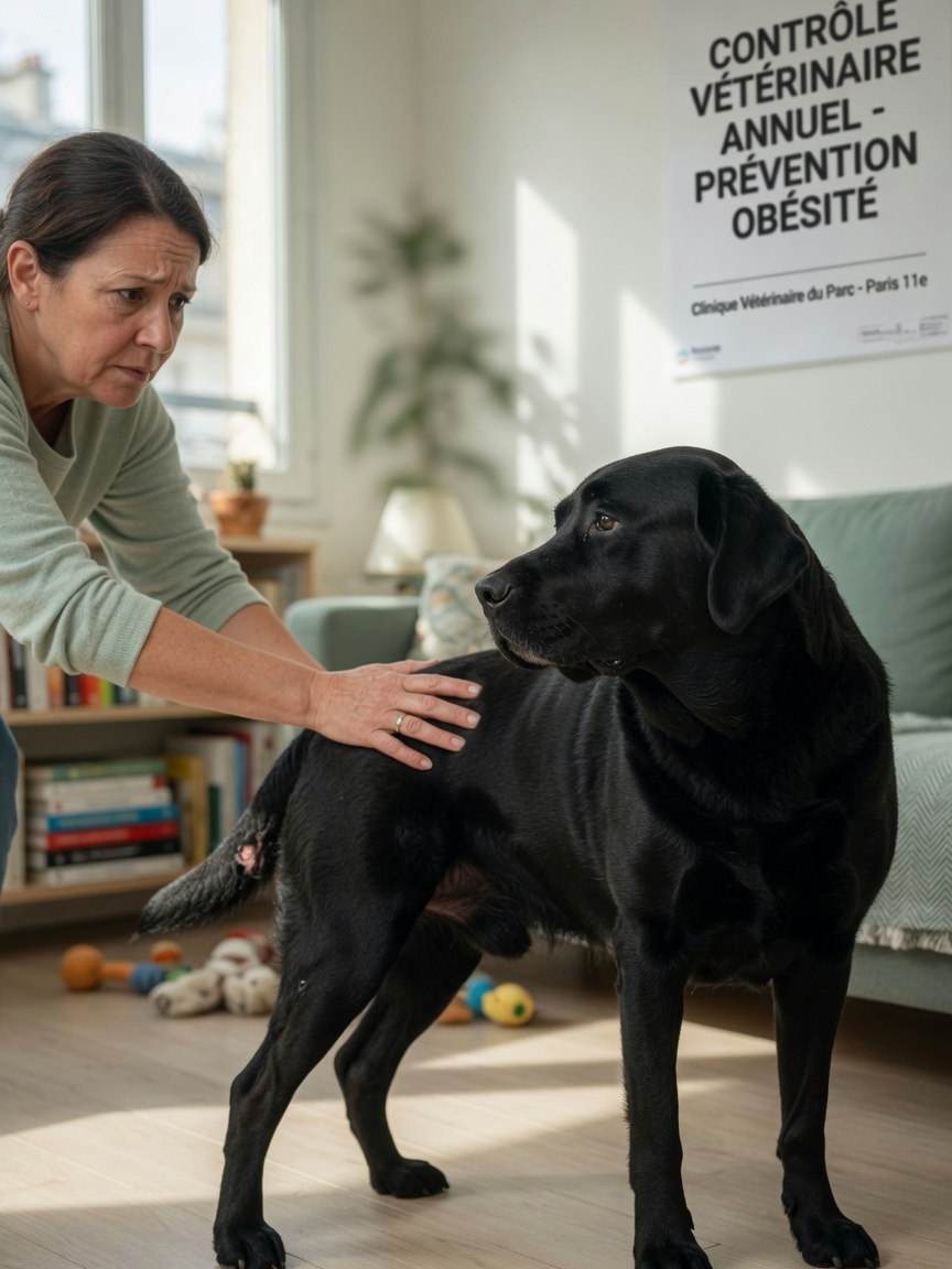 Dog owner observing signs of anal gland abscess discomfort in their Labrador