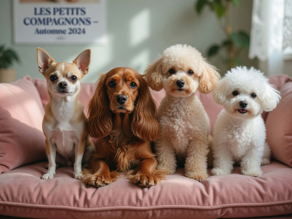 Chihuahua, Cocker Spaniel, Toy Poodle, and Bichon Frise sitting together, breeds most prone to anal gland problems