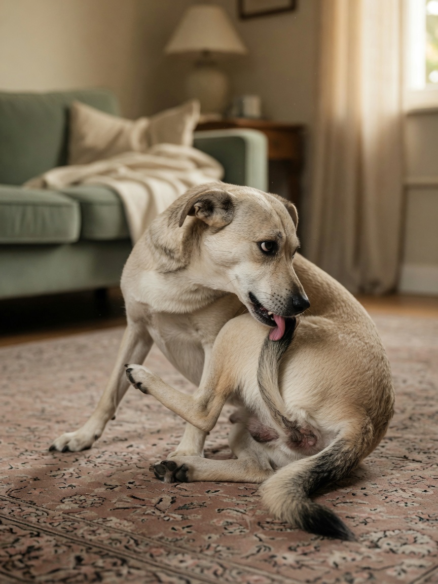Dog displaying signs of anal gland discomfort by licking and biting at the base of its tail