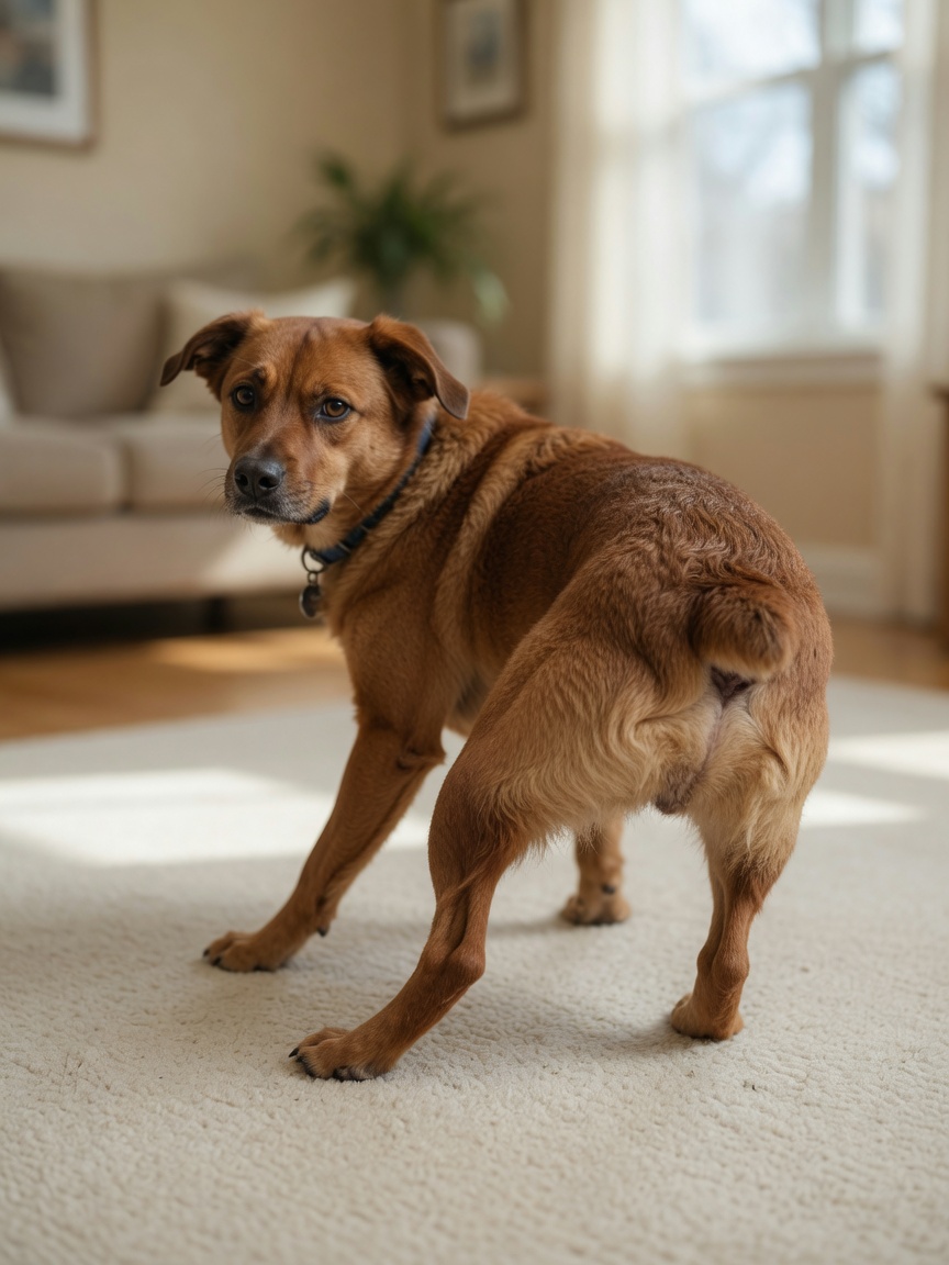 Dog scooting across home carpet on its rear end, displaying classic sign of anal gland impaction with visible discomfort
