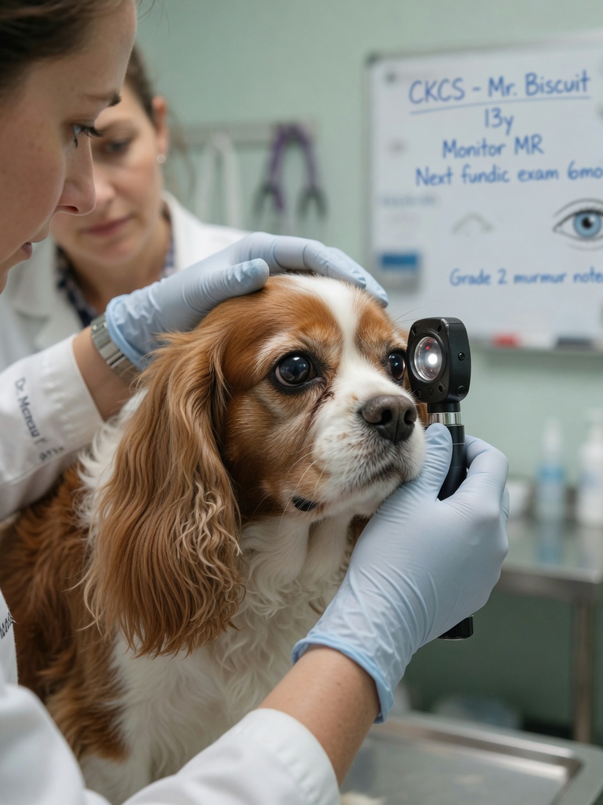 Veterinarian performing eye examination on Cavalier King Charles Spaniel with ophthalmoscope