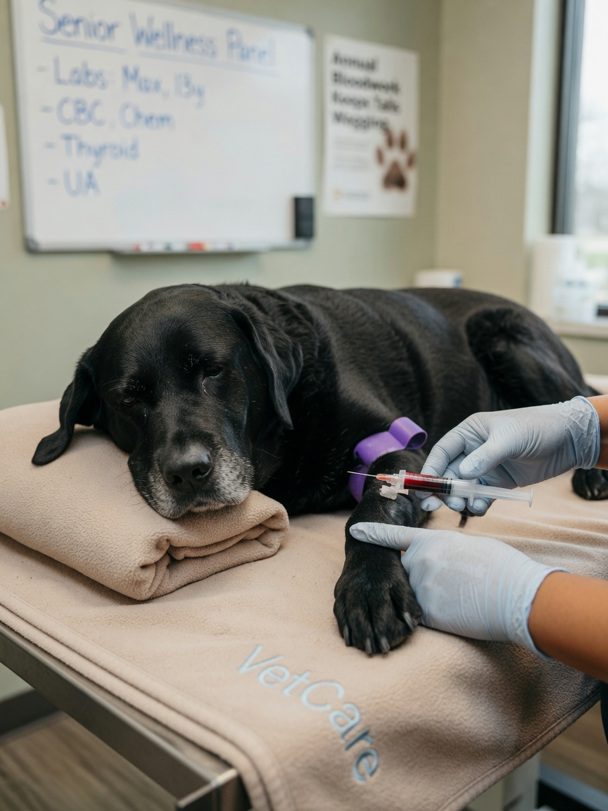 Senior Labrador Retriever having blood sample drawn during senior health check screening