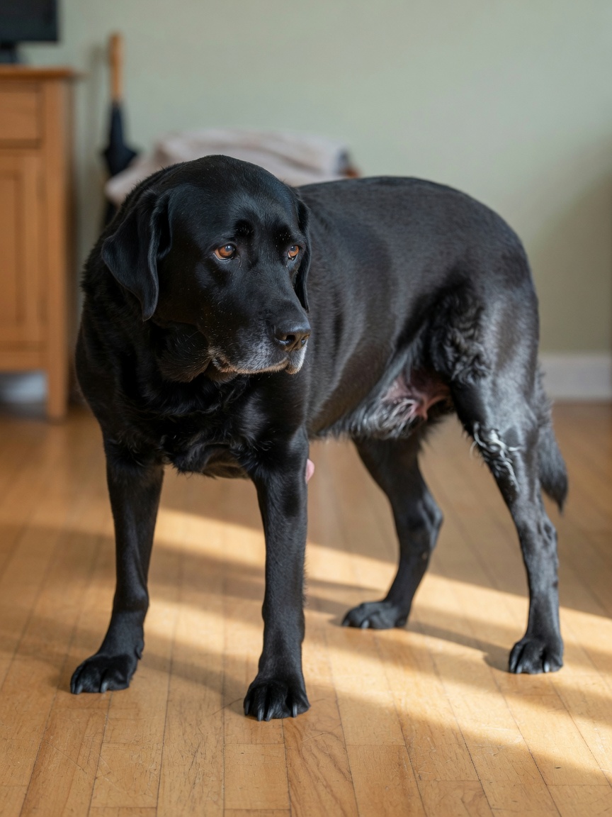 Middle-aged black Labrador showing stiffness and altered gait on hardwood floor, behavioral signs of arthritis