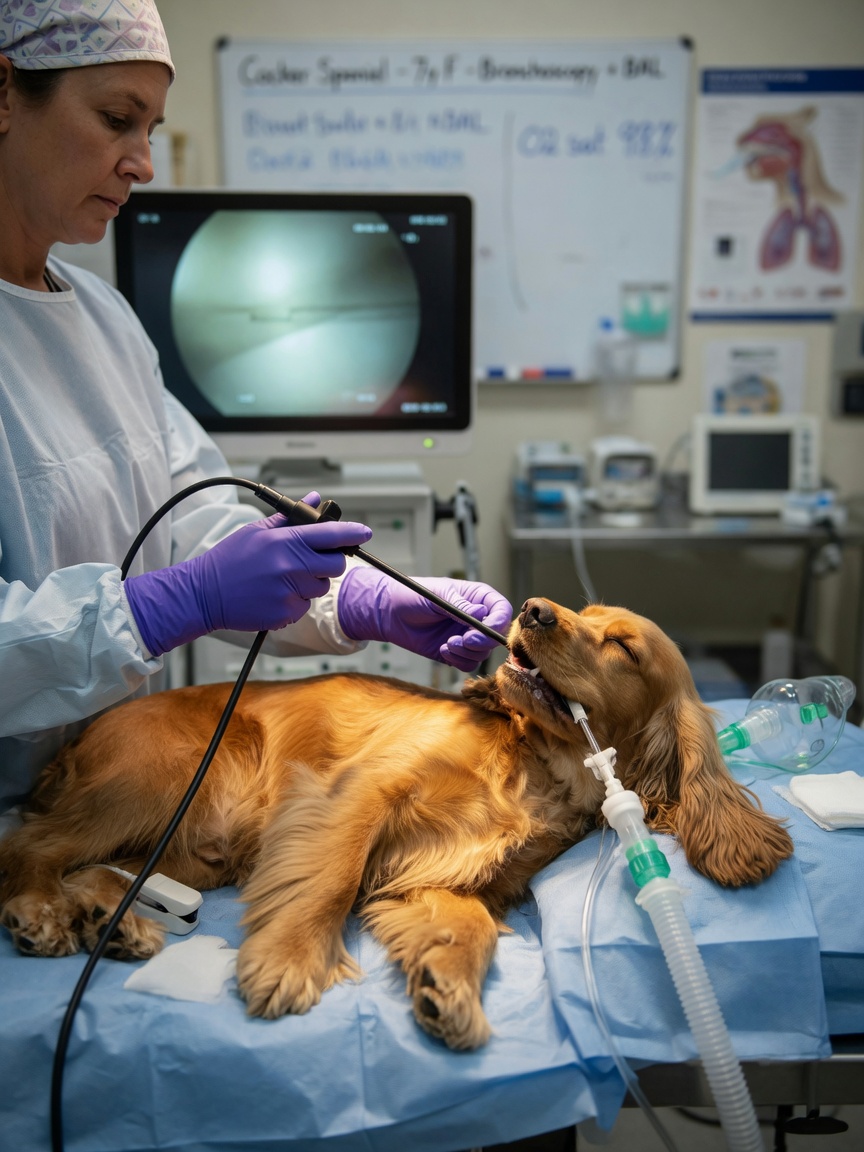 Veterinarian performing bronchoscopy diagnostic procedure on an anesthetized Cocker Spaniel